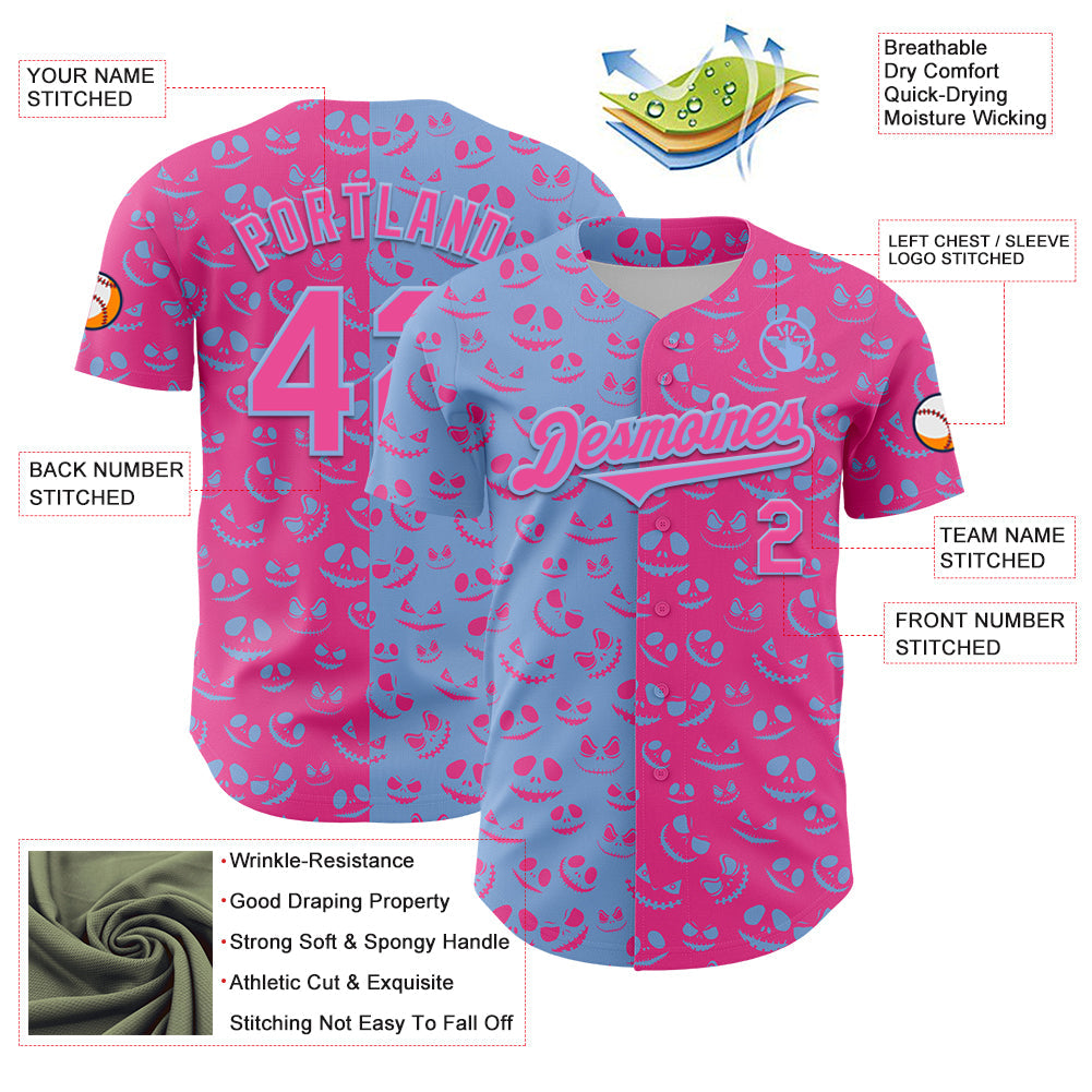 Custom Pink Light Blue 3D Pattern Design Rave Halloween Pumpkin Authentic Baseball Jersey - Sky-Custom