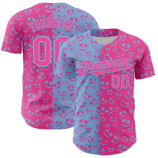 Custom Pink Light Blue 3D Pattern Design Rave Halloween Pumpkin Authentic Baseball Jersey - Sky-Custom