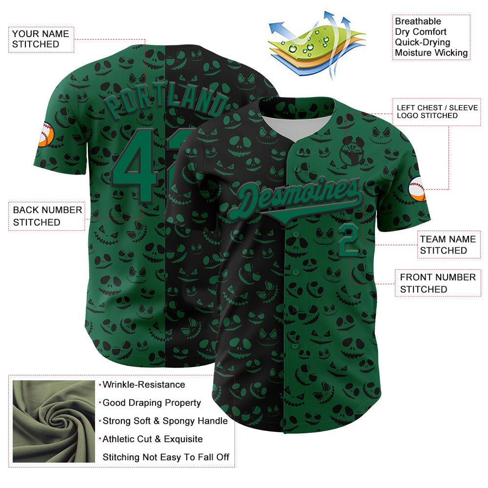 Custom Kelly Green Black 3D Pattern Design Rave Halloween Pumpkin Authentic Baseball Jersey - Sky-Custom