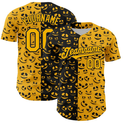 Custom Gold Black 3D Pattern Design Rave Halloween Pumpkin Authentic Baseball Jersey - Sky-Custom