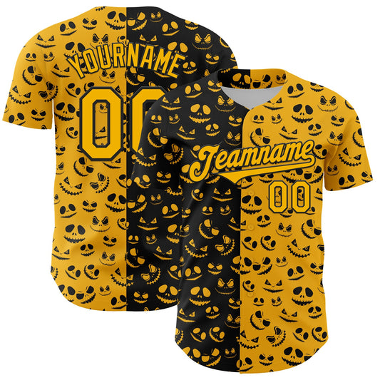 Custom Gold Black 3D Pattern Design Rave Halloween Pumpkin Authentic Baseball Jersey - Sky-Custom