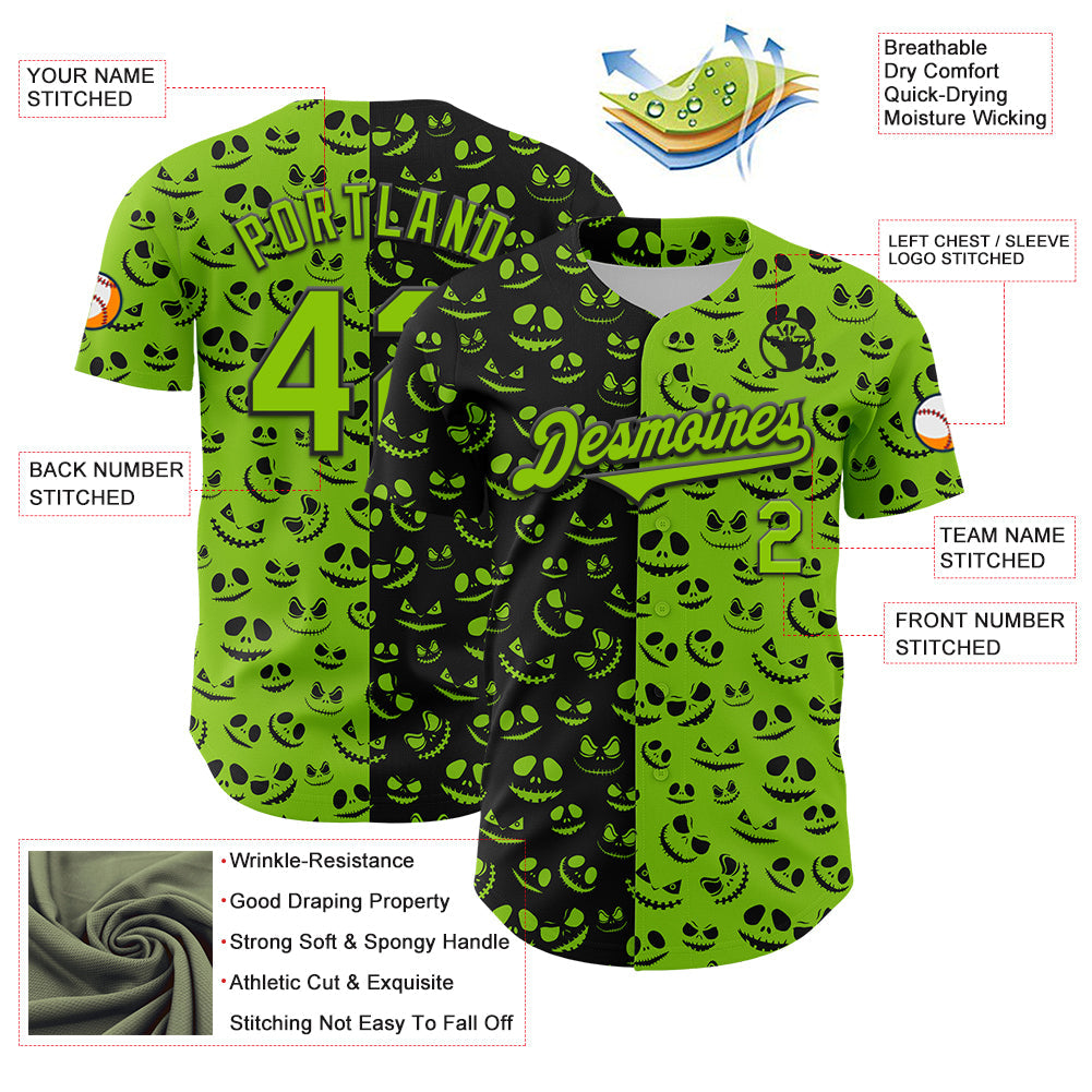 Custom Neon Green Black 3D Pattern Design Rave Halloween Pumpkin Authentic Baseball Jersey - Sky-Custom