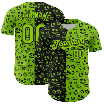 Custom Neon Green Black 3D Pattern Design Rave Halloween Pumpkin Authentic Baseball Jersey - Sky-Custom
