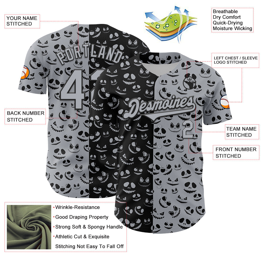Custom Gray Black 3D Pattern Design Rave Halloween Pumpkin Authentic Baseball Jersey - Sky-Custom