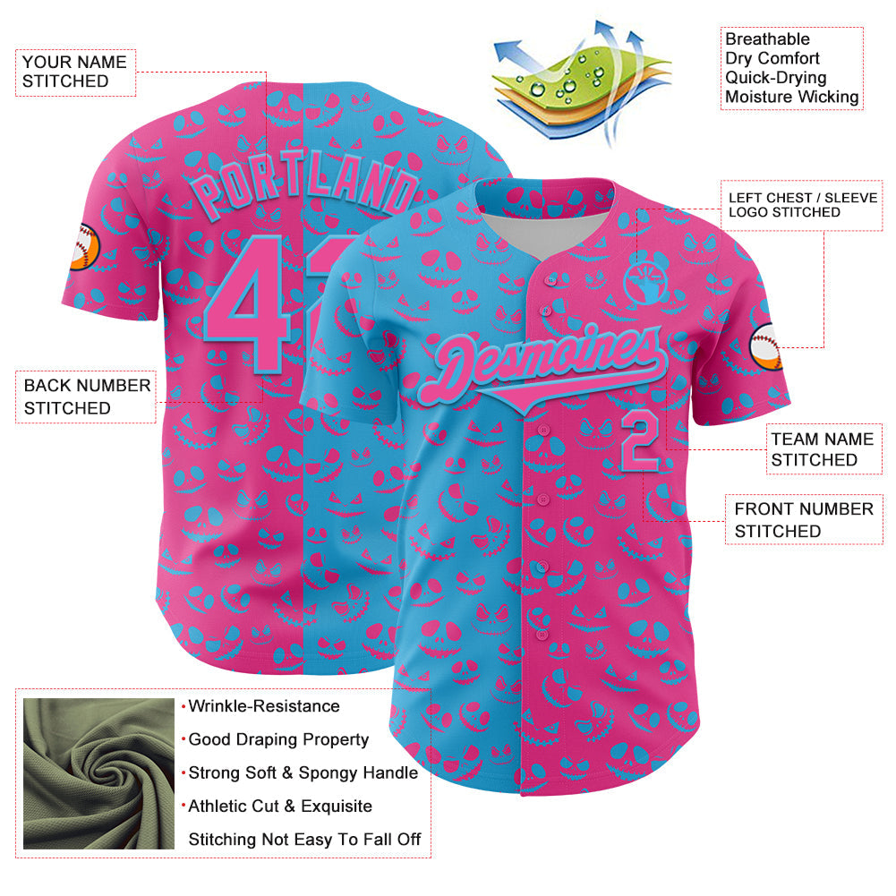 Custom Pink Sky Blue 3D Pattern Design Rave Halloween Pumpkin Authentic Baseball Jersey - Sky-Custom