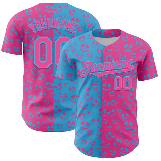 Custom Pink Sky Blue 3D Pattern Design Rave Halloween Pumpkin Authentic Baseball Jersey - Sky-Custom