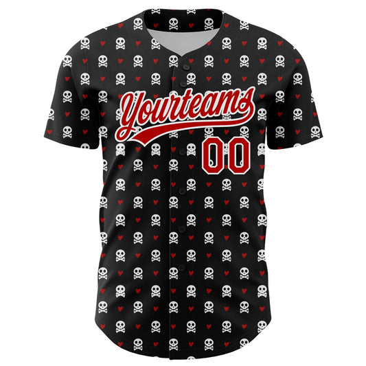 Custom Black Red-White 3D Gothic Style Skull Authentic Baseball Jersey - Sky-Custom