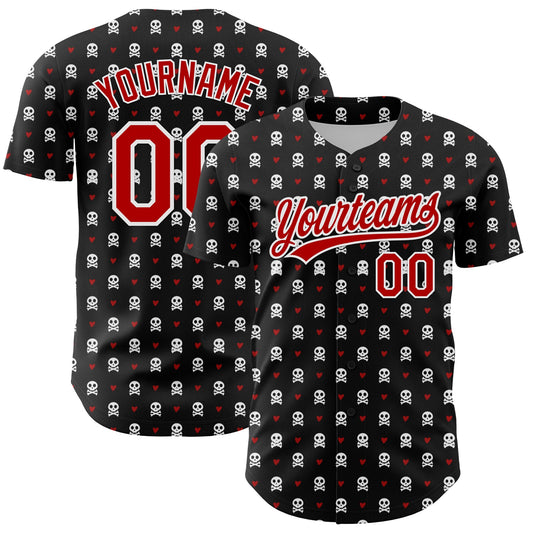 Custom Black Red-White 3D Gothic Style Skull Authentic Baseball Jersey - Sky-Custom