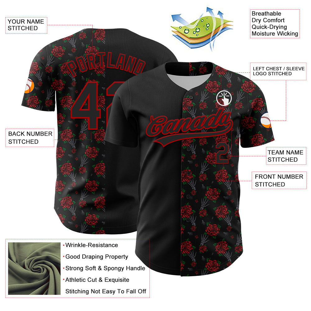 Custom Black Red 3D Pattern Design Gothic Style Rose Authentic Baseball Jersey - Sky-Custom