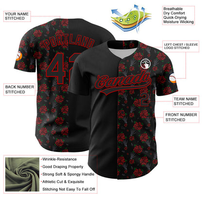 Custom Black Red 3D Pattern Design Gothic Style Rose Authentic Baseball Jersey - Sky-Custom