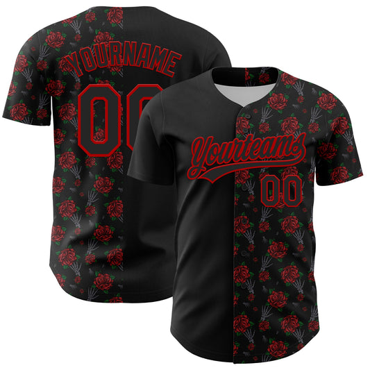 Custom Black Red 3D Pattern Design Gothic Style Rose Authentic Baseball Jersey - Sky-Custom