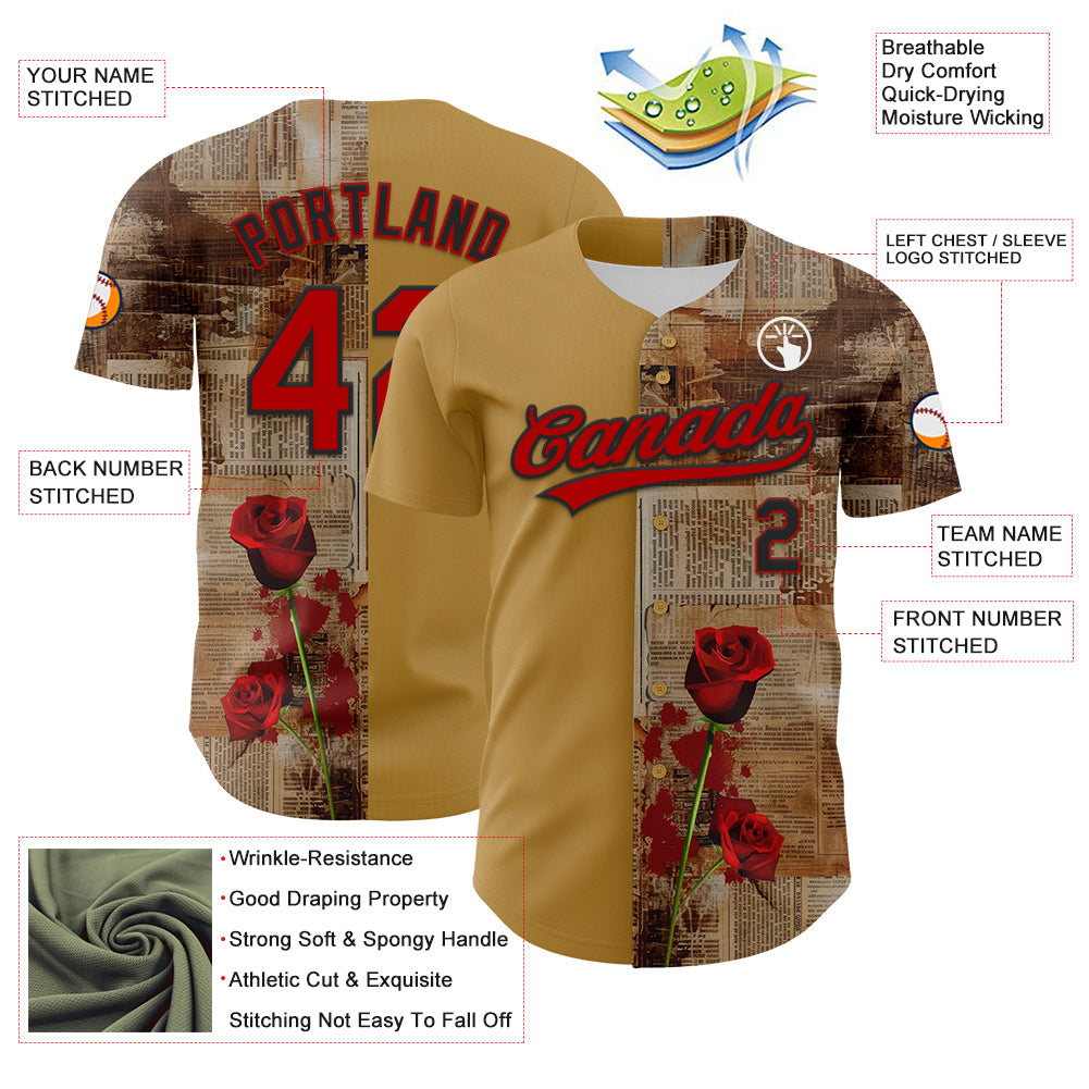 Custom Old Gold Red-Black 3D Pattern Design Gothic Style Rose Authentic Baseball Jersey - Sky-Custom