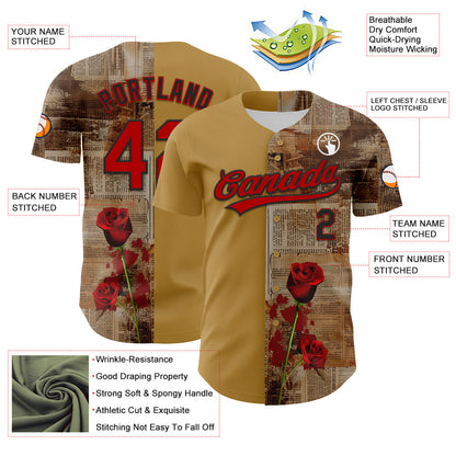 Custom Old Gold Red-Black 3D Pattern Design Gothic Style Rose Authentic Baseball Jersey - Sky-Custom