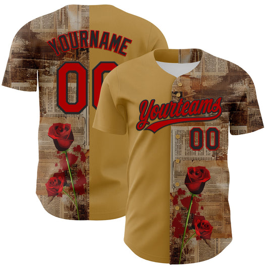 Custom Old Gold Red-Black 3D Pattern Design Gothic Style Rose Authentic Baseball Jersey - Sky-Custom