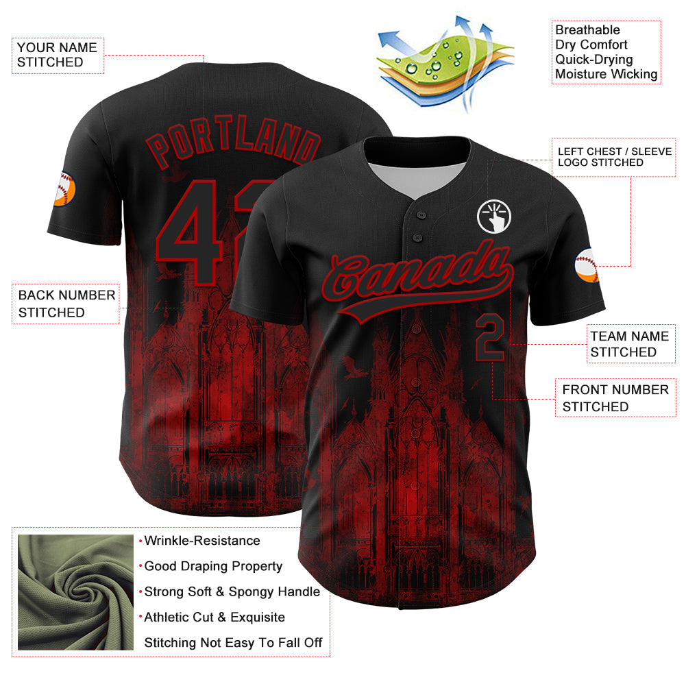 Custom Black Red 3D Pattern Design Palace Gothic Style Church Authentic Baseball Jersey - Sky-Custom