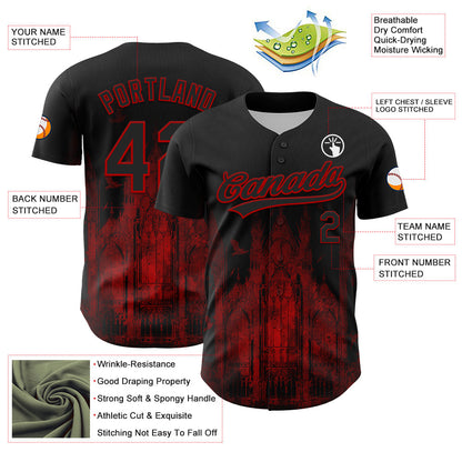 Custom Black Red 3D Pattern Design Palace Gothic Style Church Authentic Baseball Jersey - Sky-Custom