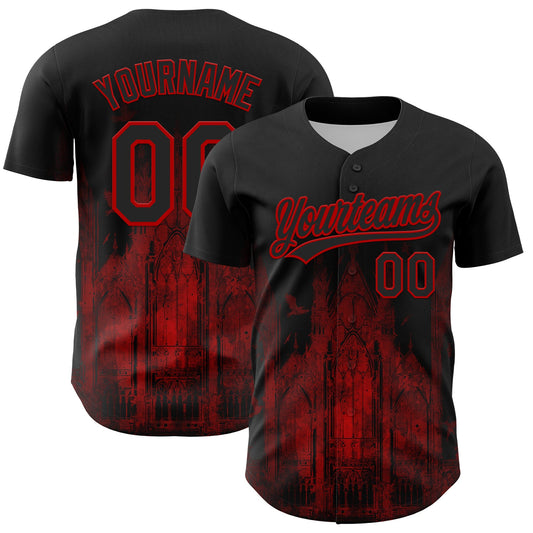 Custom Black Red 3D Pattern Design Palace Gothic Style Church Authentic Baseball Jersey - Sky-Custom