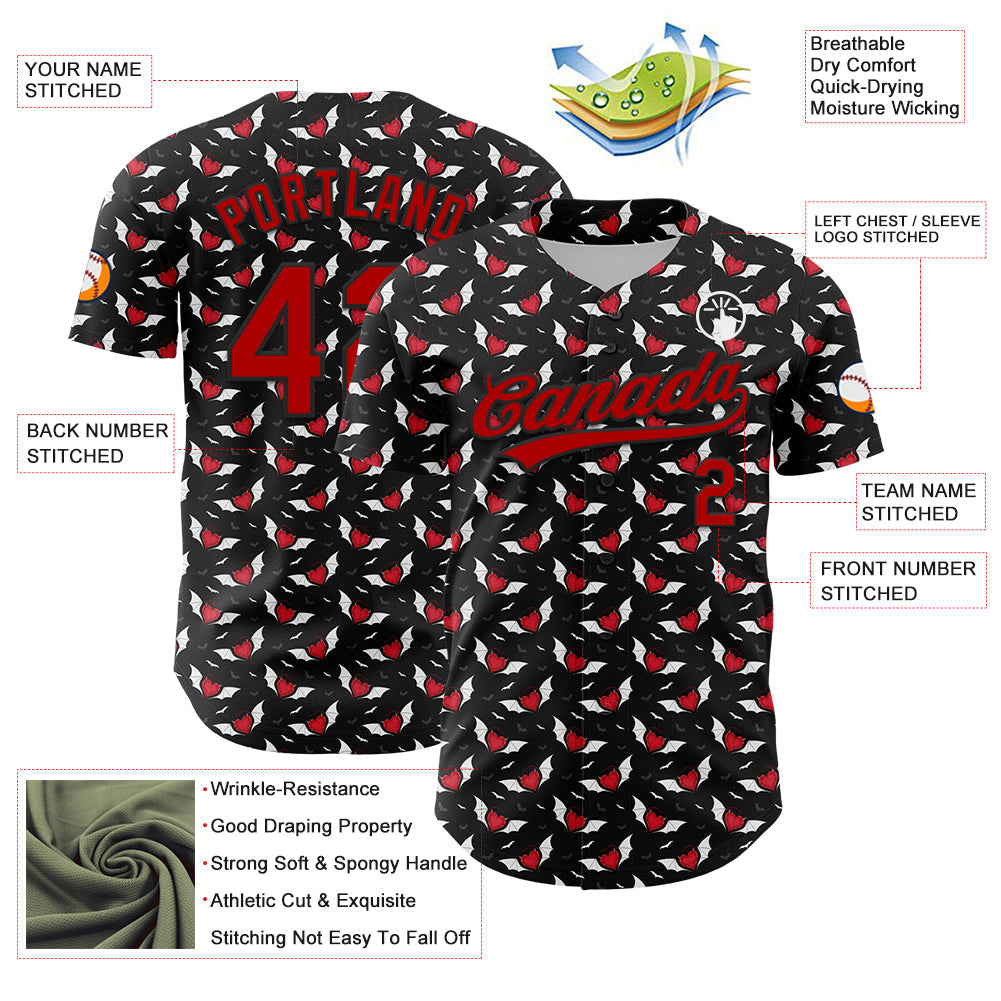 Custom Black Red 3D Pattern Design Gothic Style Devil Heart Authentic Baseball Jersey - Sky-Custom