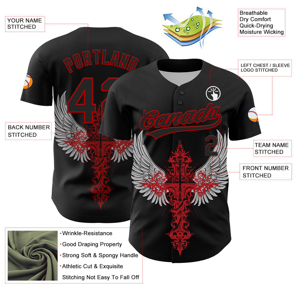 Custom Black Red 3D Pattern Design Gothic Style Cross With Wings Authentic Baseball Jersey - Sky-Custom