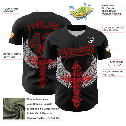 Custom Black Red 3D Pattern Design Gothic Style Cross With Wings Authentic Baseball Jersey - Sky-Custom
