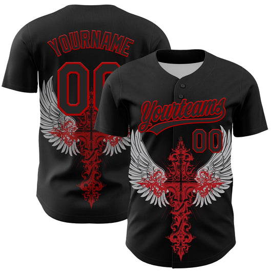 Custom Black Red 3D Pattern Design Gothic Style Cross With Wings Authentic Baseball Jersey - Sky-Custom