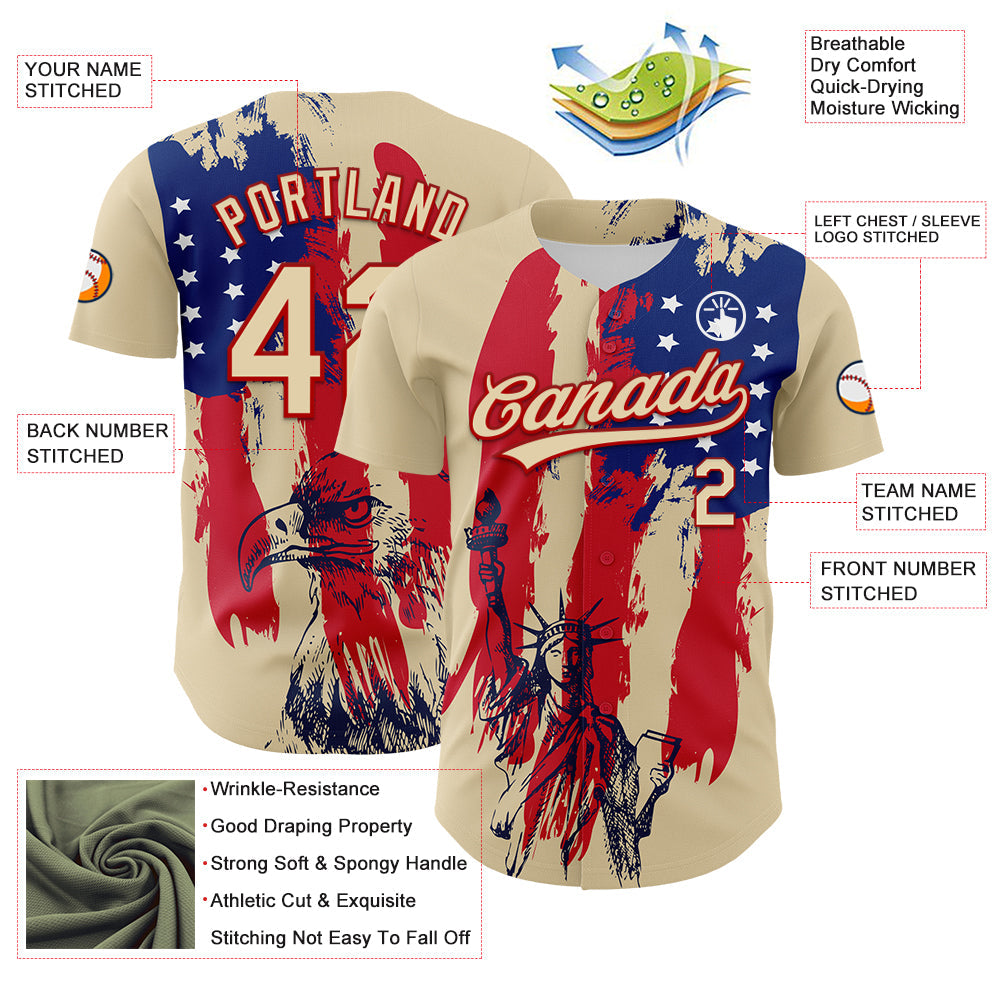 Custom Cream Red-Royal 3D Pattern Design American Spirit American Eagle And Stars Authentic Baseball Jersey - Sky-Custom