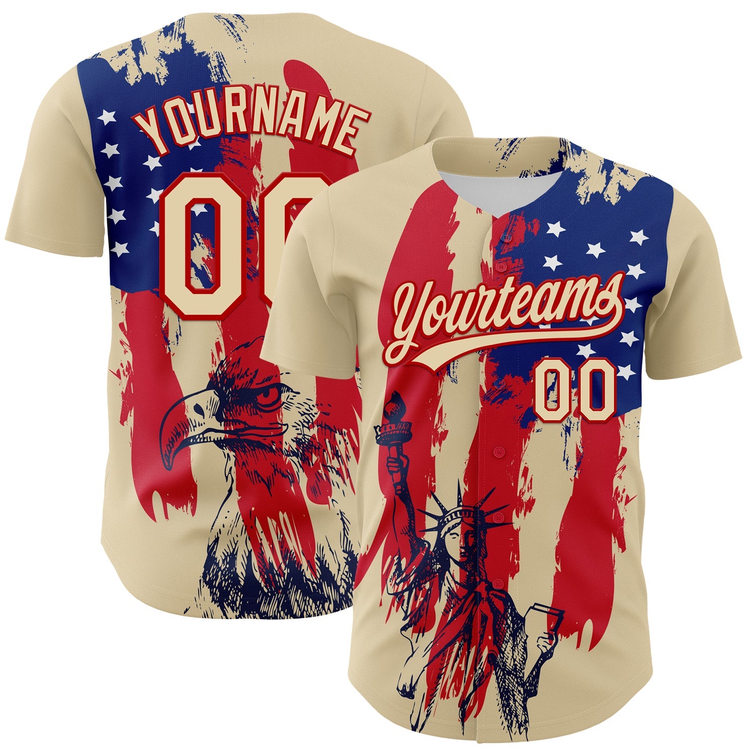 Custom Cream Red-Royal 3D Pattern Design American Spirit American Eagle And Stars Authentic Baseball Jersey - Sky-Custom