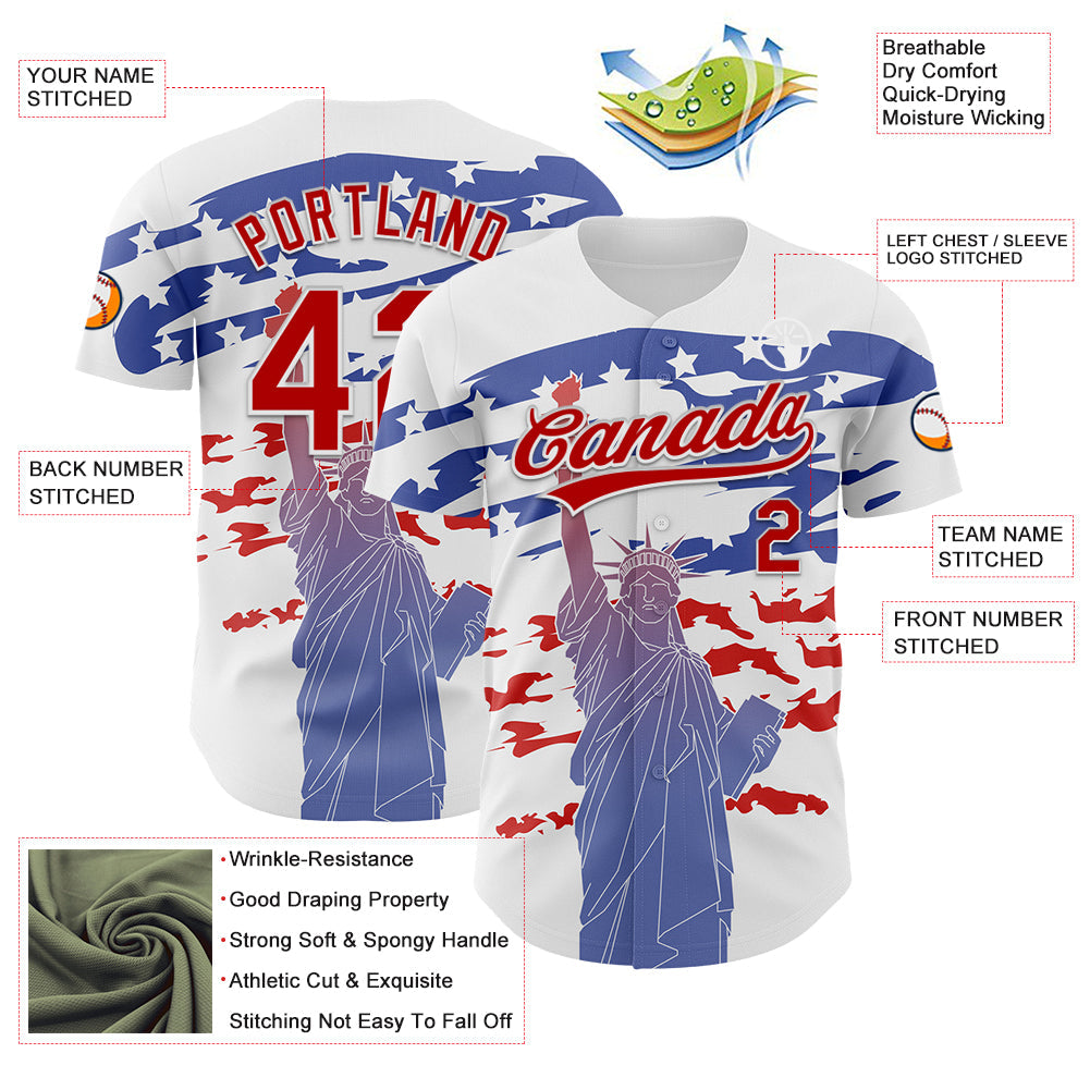 Custom White Red 3D American Flag And Statue of Liberty Authentic Baseball Jersey - Sky-Custom