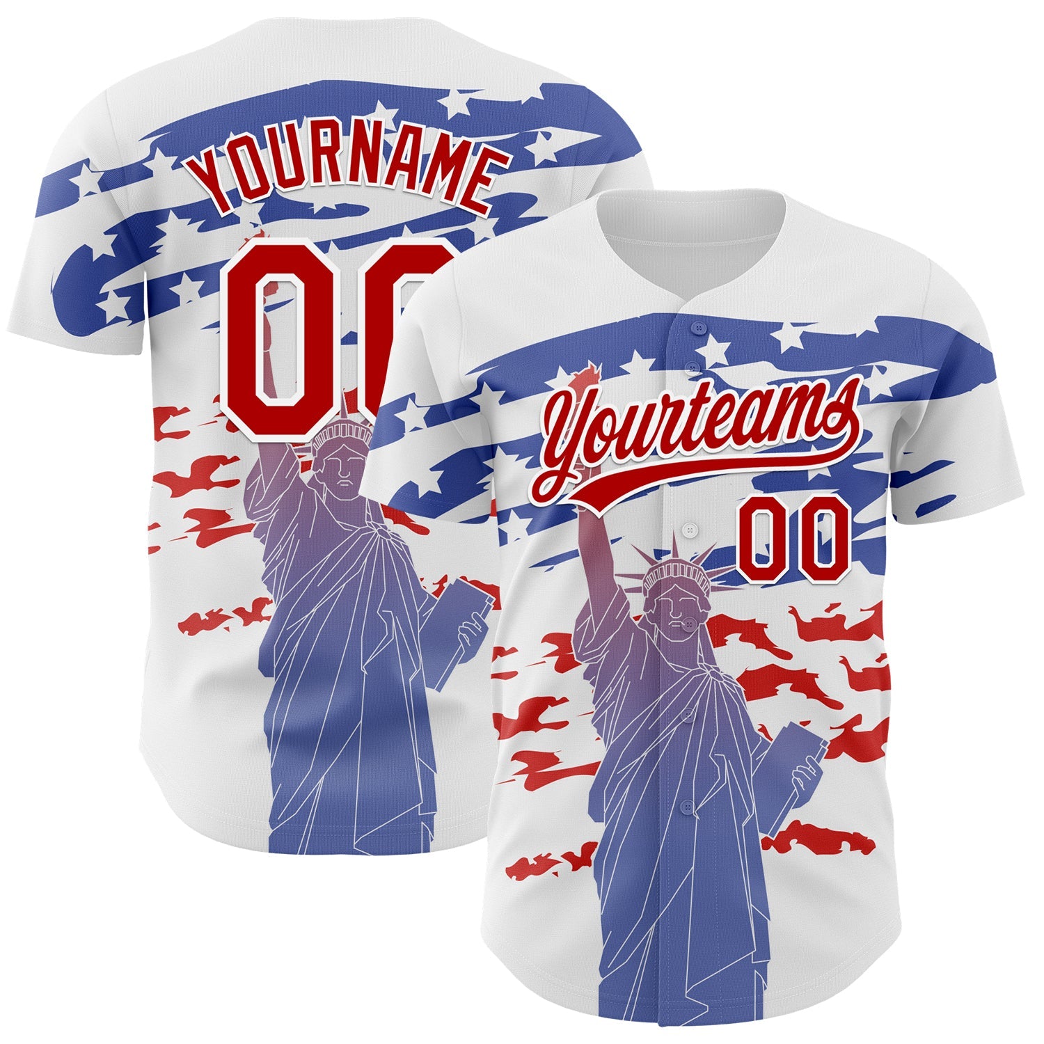 Custom White Red 3D American Flag And Statue of Liberty Authentic Baseball Jersey - Sky-Custom