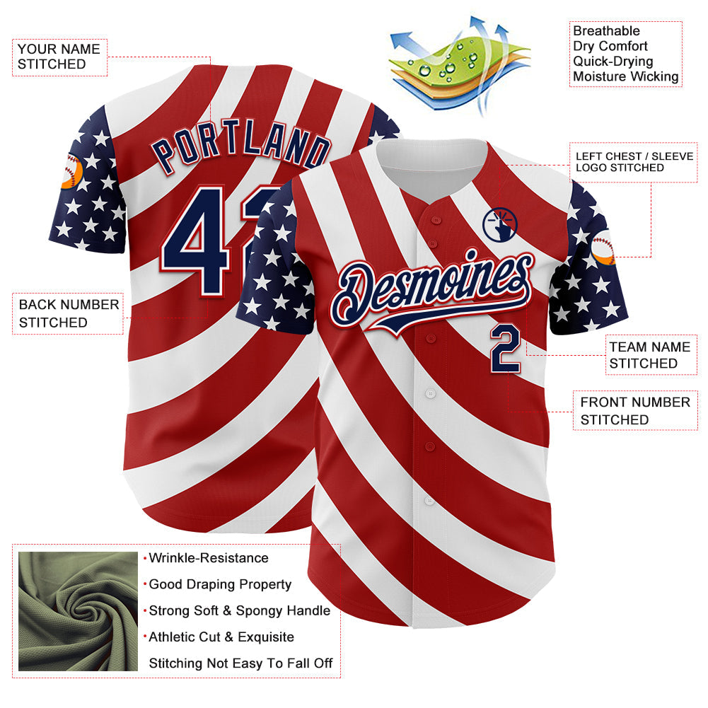 Custom White Navy-Red 3D American Flag Authentic Baseball Jersey - Sky-Custom