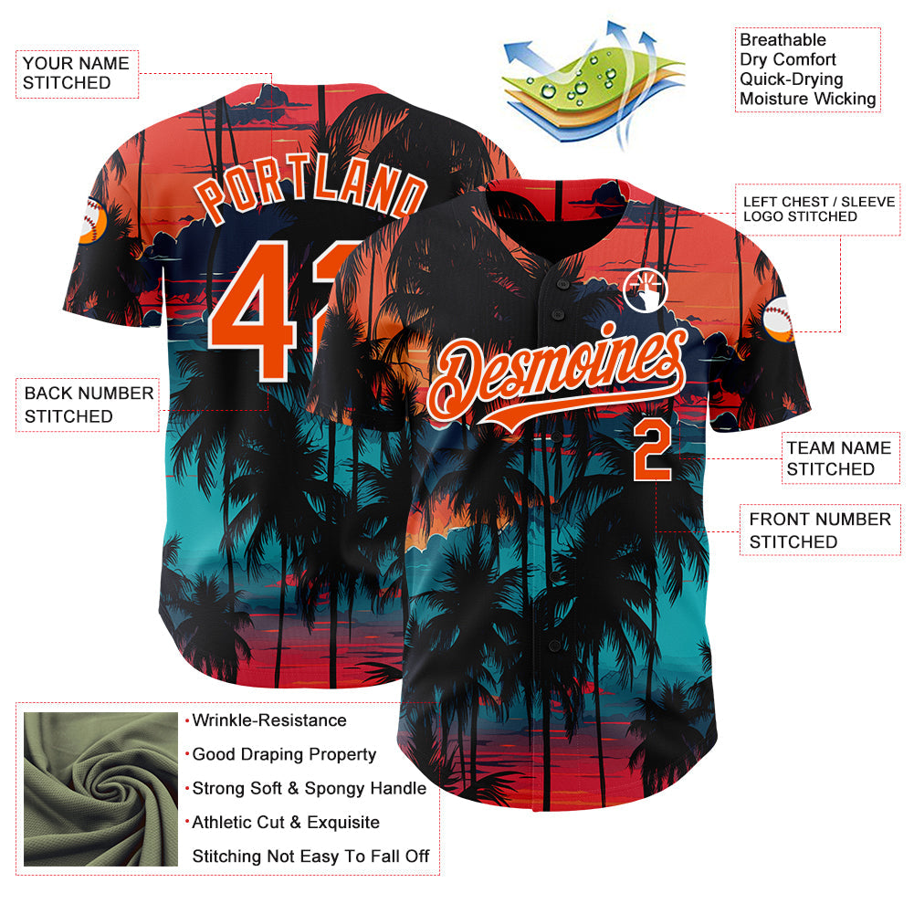 Custom Black Orange-White 3D Pattern Design Tropical Hawaii Palms Trees Authentic Baseball Jersey - Sky-Custom