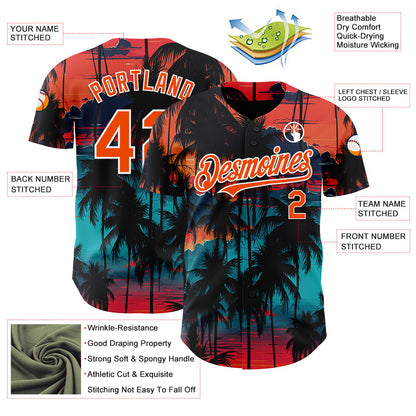 Custom Black Orange-White 3D Pattern Design Tropical Hawaii Palms Trees Authentic Baseball Jersey - Sky-Custom