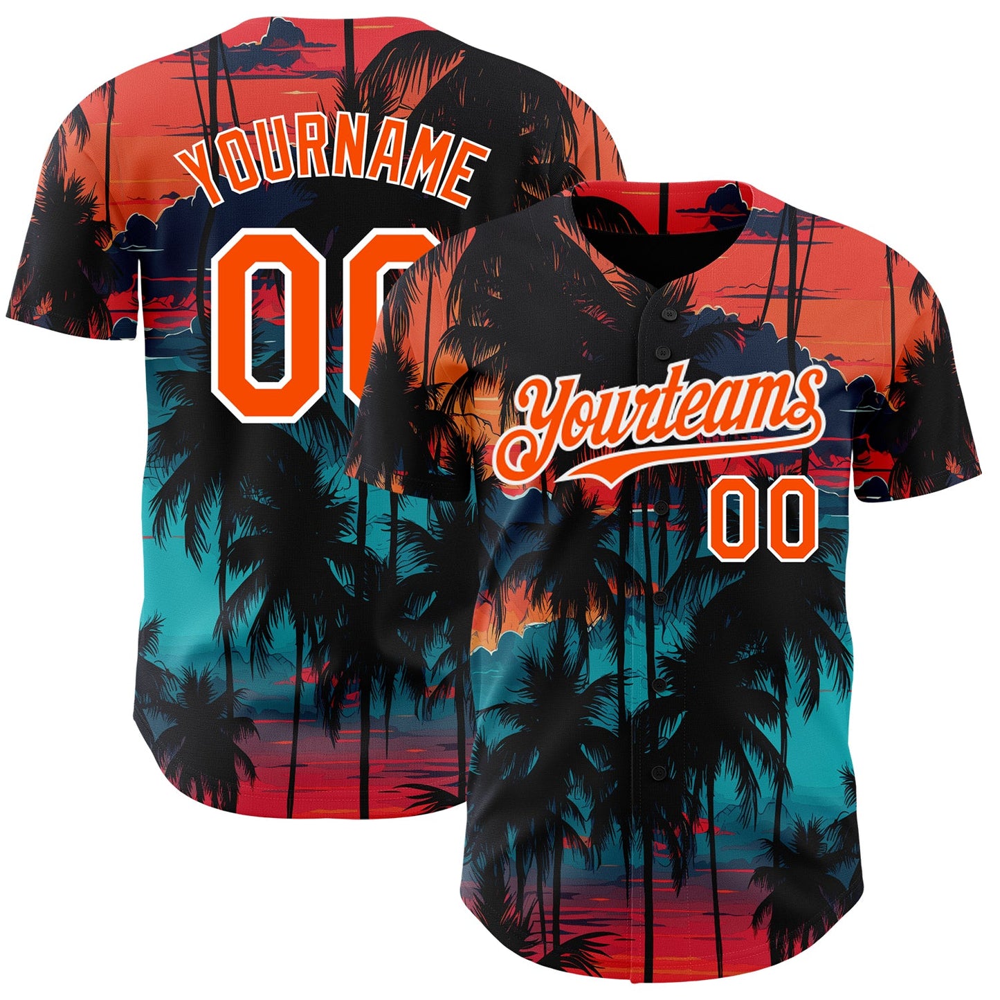 Custom Black Orange-White 3D Pattern Design Tropical Hawaii Palms Trees Authentic Baseball Jersey - Sky-Custom