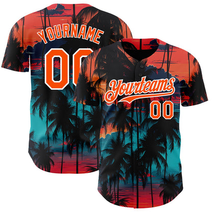 Custom Black Orange-White 3D Pattern Design Tropical Hawaii Palms Trees Authentic Baseball Jersey - Sky-Custom