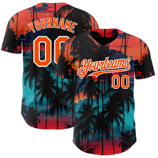 Custom Black Orange-White 3D Pattern Design Tropical Hawaii Palms Trees Authentic Baseball Jersey - Sky-Custom
