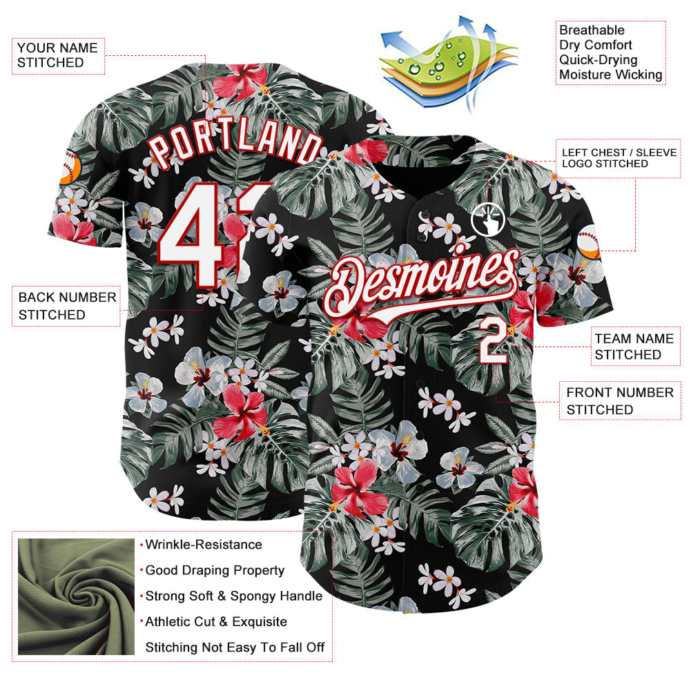 Custom Black White-Red 3D Pattern Design Tropical Hawaii Plant Authentic Baseball Jersey - Sky-Custom