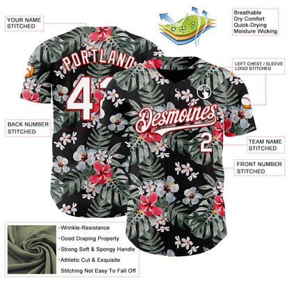 Custom Black White-Red 3D Pattern Design Tropical Hawaii Plant Authentic Baseball Jersey - Sky-Custom