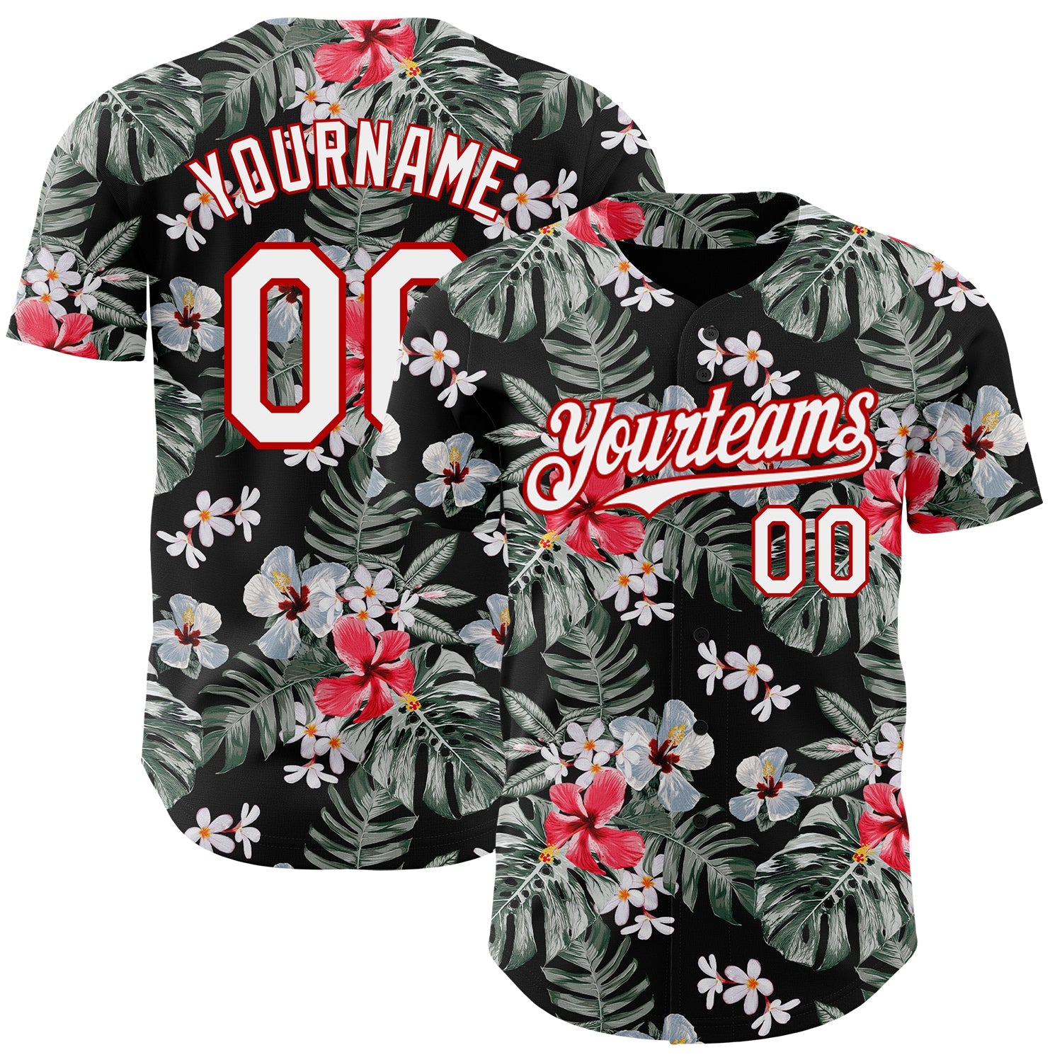 Custom Black White-Red 3D Pattern Design Tropical Hawaii Plant Authentic Baseball Jersey - Sky-Custom