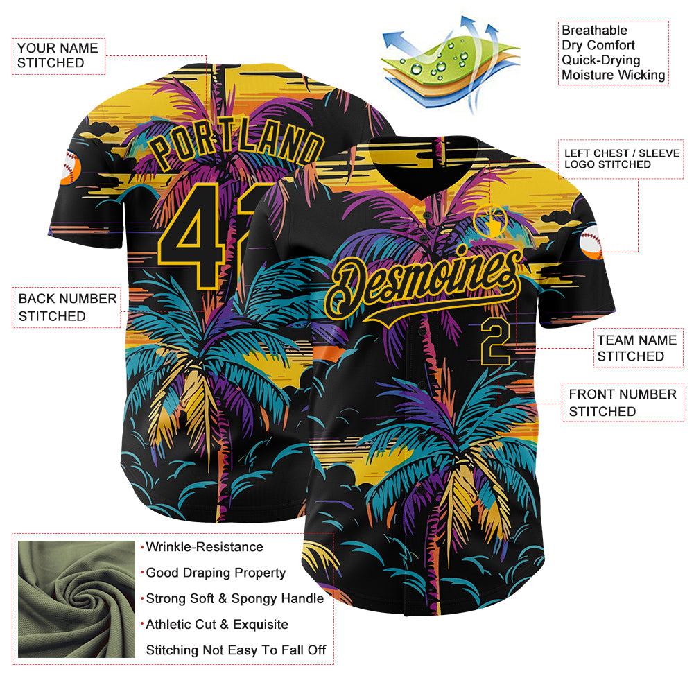 Custom Black Yellow 3D Pattern Design Tropical Hawaii Palms Trees Authentic Baseball Jersey - Sky-Custom