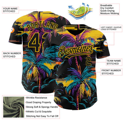 Custom Black Yellow 3D Pattern Design Tropical Hawaii Palms Trees Authentic Baseball Jersey - Sky-Custom