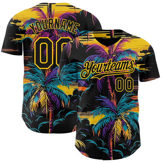 Custom Black Yellow 3D Pattern Design Tropical Hawaii Palms Trees Authentic Baseball Jersey - Sky-Custom