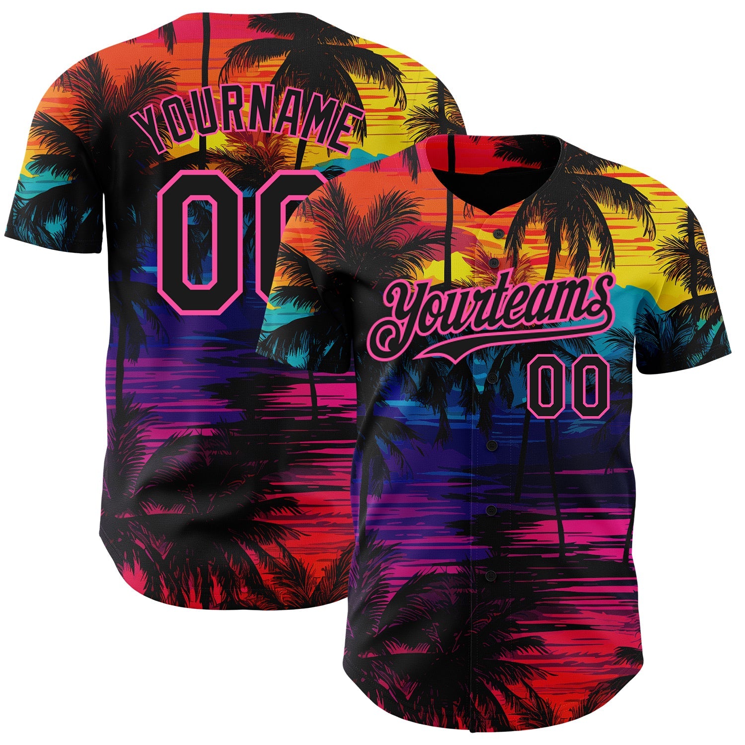 Custom Black Pink 3D Pattern Design Tropical Hawaii Palms Trees Authentic Baseball Jersey - Sky-Custom