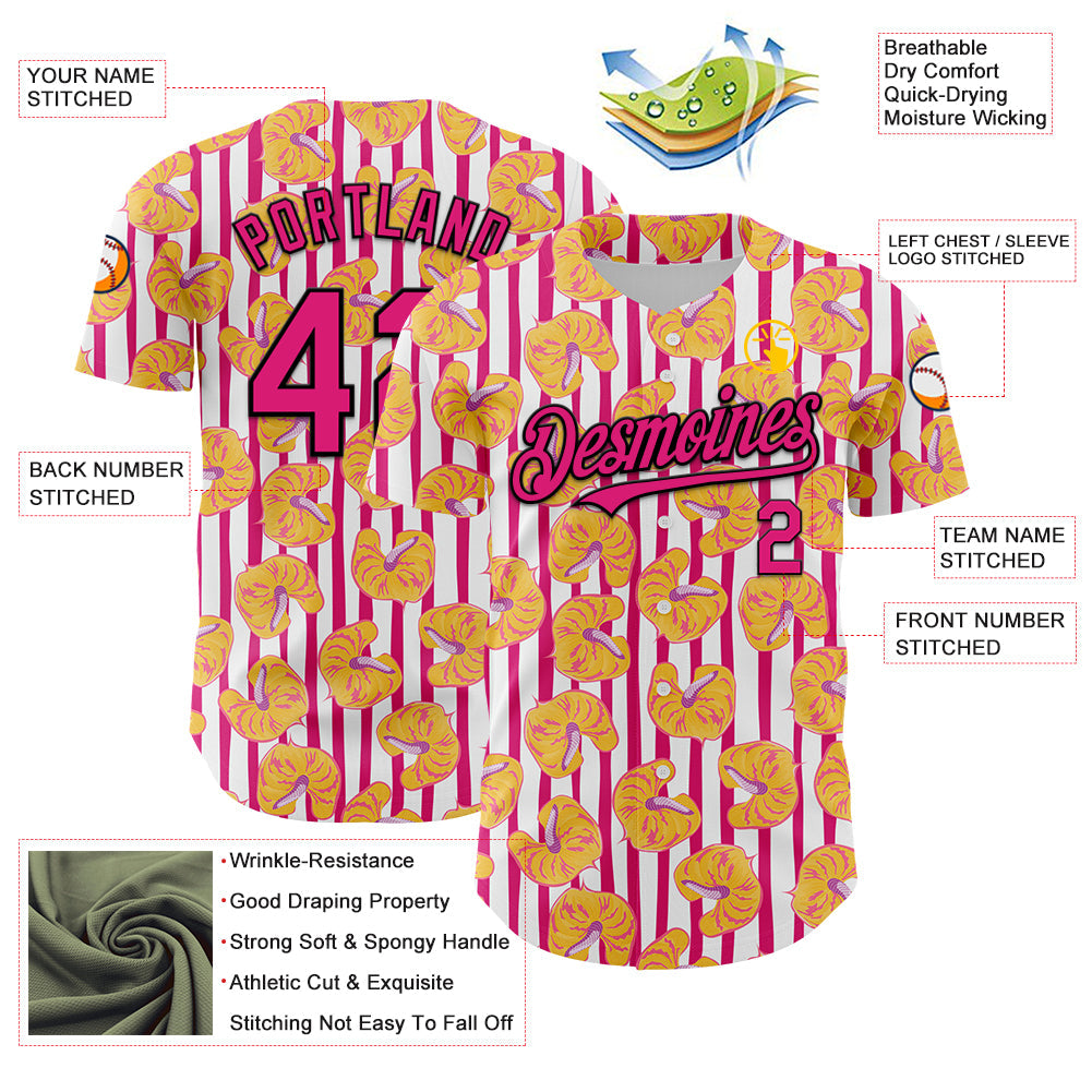 Custom White Hot Pink-Black 3D Pattern Design Tropical Anthurium Flower Authentic Baseball Jersey - Sky-Custom
