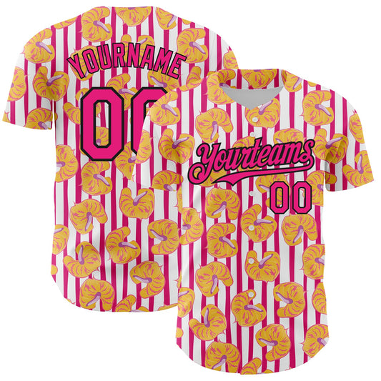 Custom White Hot Pink-Black 3D Pattern Design Tropical Anthurium Flower Authentic Baseball Jersey - Sky-Custom