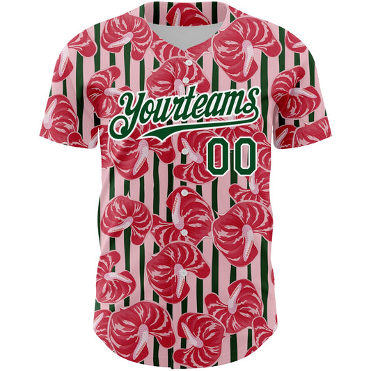 Custom Medium Pink Green-White 3D Pattern Design Tropical Anthurium Flower Authentic Baseball Jersey - Sky-Custom