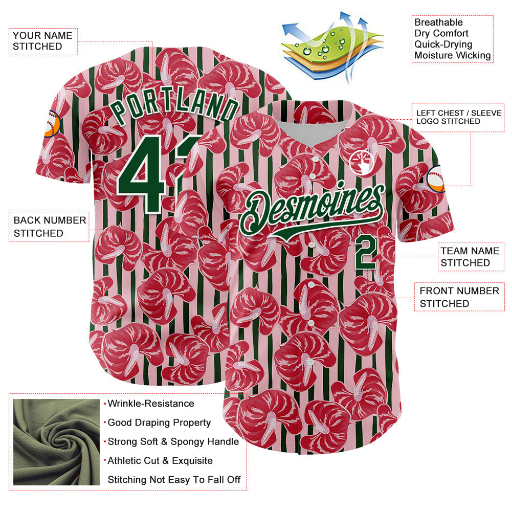 Custom Medium Pink Green-White 3D Pattern Design Tropical Anthurium Flower Authentic Baseball Jersey - Sky-Custom