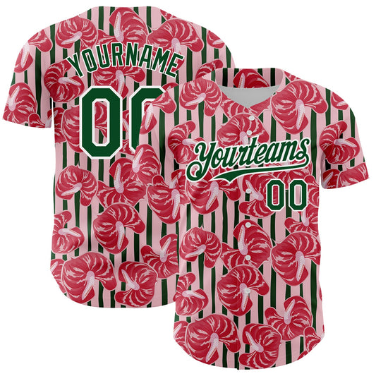 Custom Medium Pink Green-White 3D Pattern Design Tropical Anthurium Flower Authentic Baseball Jersey - Sky-Custom
