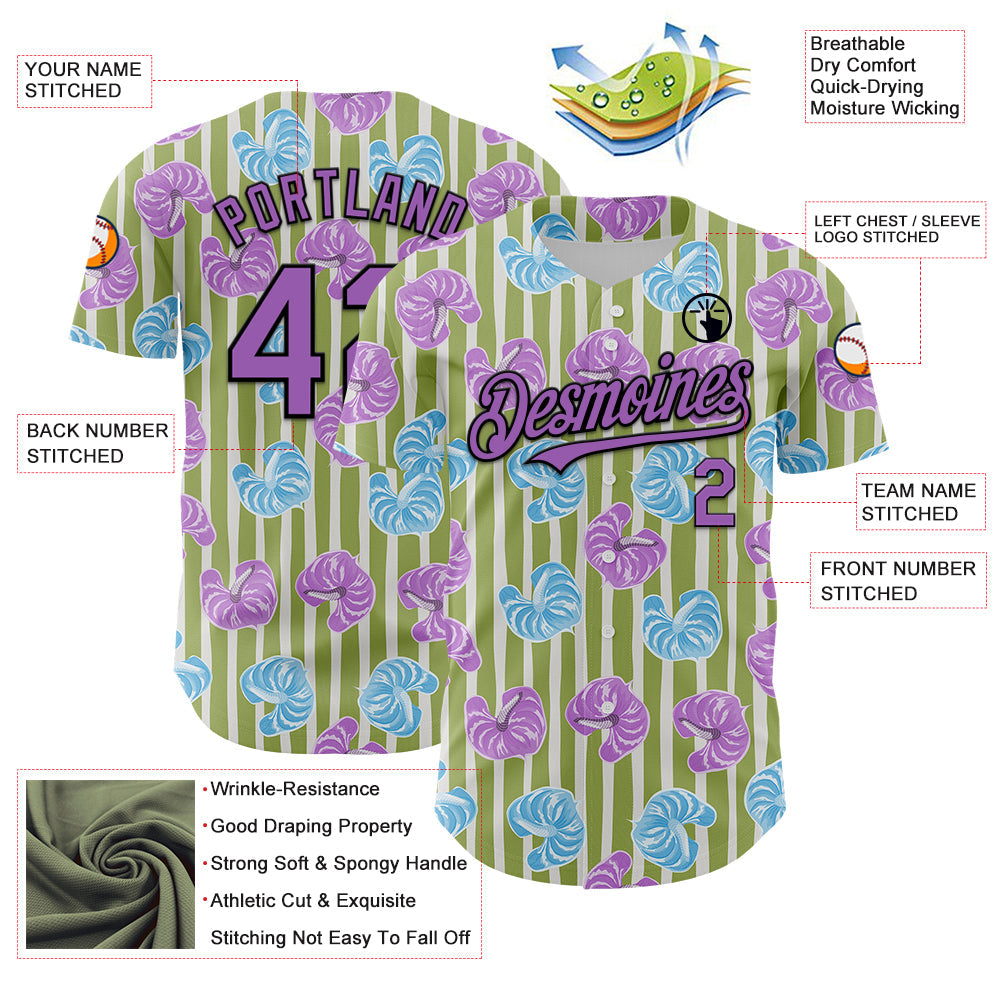 Custom Olive Medium Purple-Black 3D Pattern Design Tropical Anthurium Flower Authentic Baseball Jersey - Sky-Custom