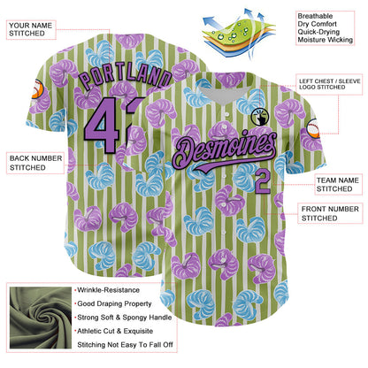 Custom Olive Medium Purple-Black 3D Pattern Design Tropical Anthurium Flower Authentic Baseball Jersey - Sky-Custom