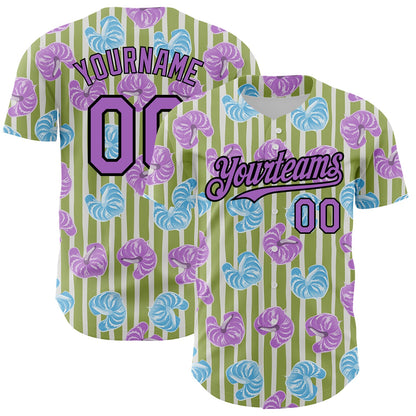 Custom Olive Medium Purple-Black 3D Pattern Design Tropical Anthurium Flower Authentic Baseball Jersey - Sky-Custom